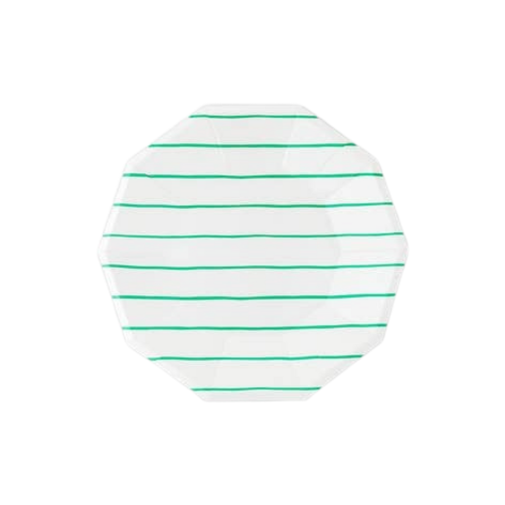 Clover green striped small plate with scalloped edges birthday from Parte Haus party supply store in Bethesda MD