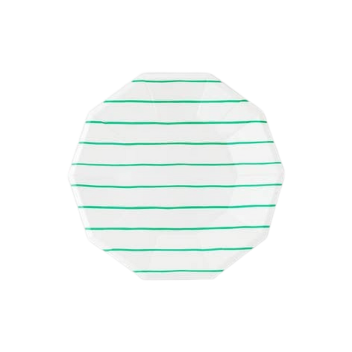 White and Green Frenchie Striped Small Dessert Plates