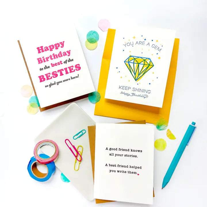 Colorful friendship and birthday greeting cards with cute messages for friends from Parte Haus party supply store in Bethesda Maryland