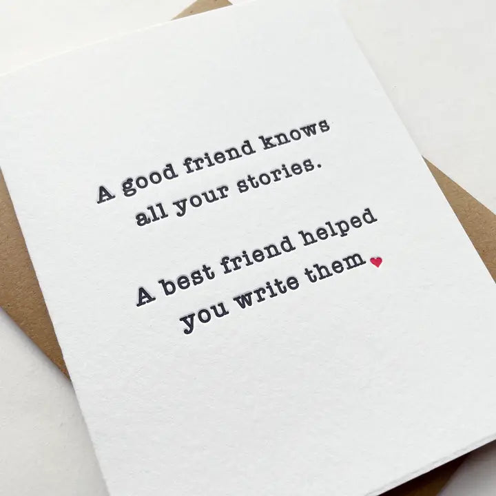 White friendship card with black text and small red heart for love and friendship from Parte Haus party supply store in Bethesda MD