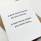 White friendship card with black text and small red heart for love and friendship from Parte Haus party supply store in Bethesda MD