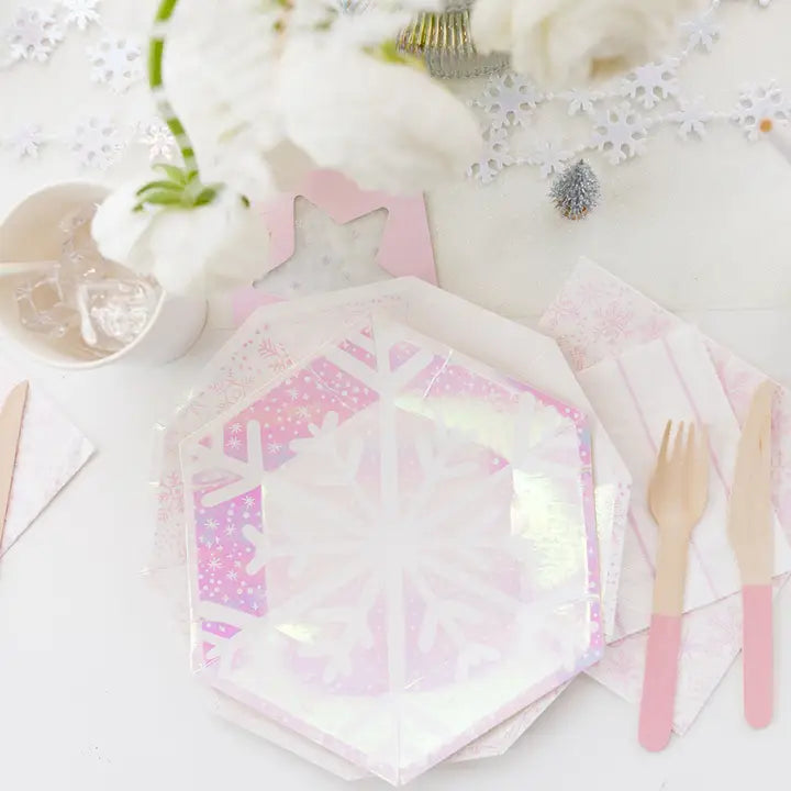 Iridescent frosted small plates with snowflake design winter theme from Parte Haus party supply store in Bethesda MD