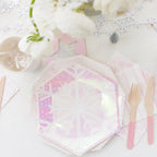 Iridescent frosted small plates with snowflake design winter theme from Parte Haus party supply store in Bethesda MD
