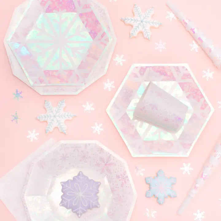 Iridescent frosted small plates with snowflake design winter theme from Parte Haus party supply store in Bethesda MD