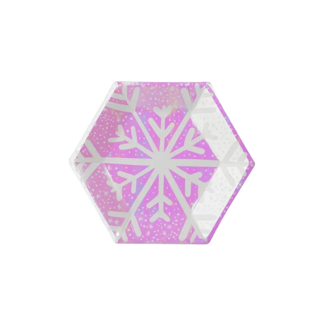 Frosted pink hexagon small plate with snowflake design for winter holiday from Parte Haus party supply store in Bethesda MD