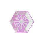 Frosted pink hexagon small plate with snowflake design for winter holiday from Parte Haus party supply store in Bethesda MD