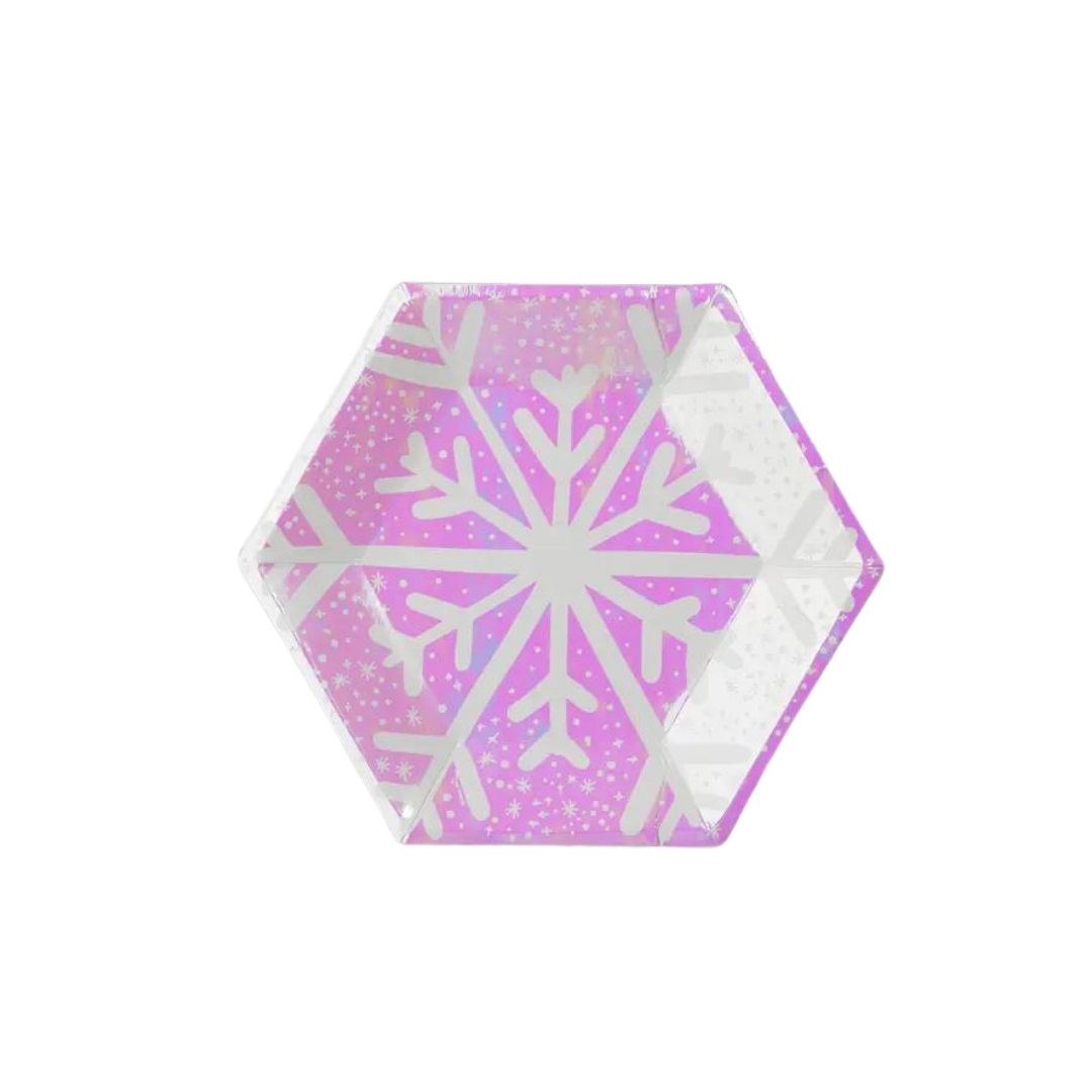 Frosted pink hexagon small plate with snowflake design for winter holiday from Parte Haus party supply store in Bethesda MD