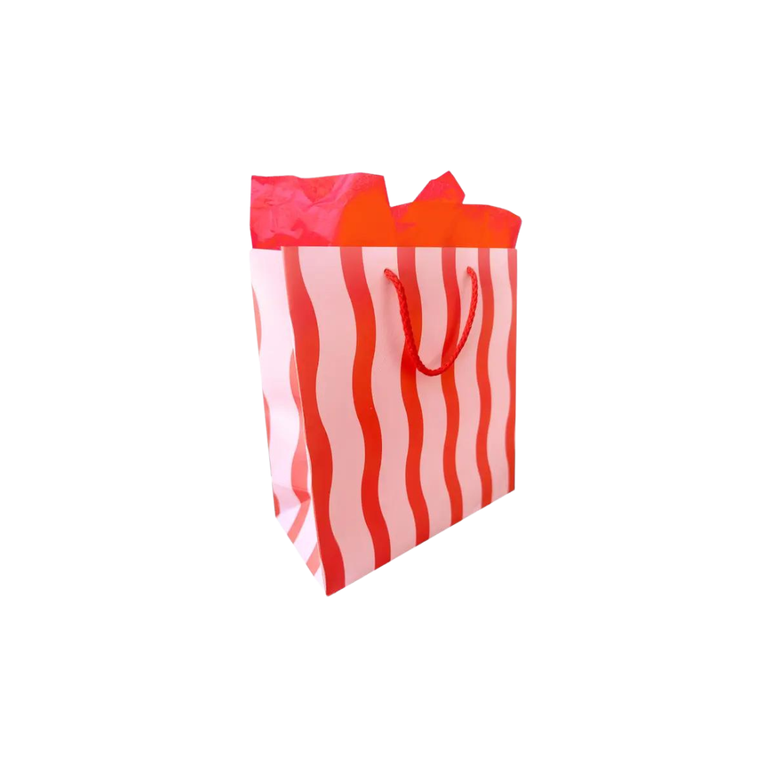 Red and white striped gift bag with tissue paper for birthday from Parte Haus party supply store in Bethesda MD.