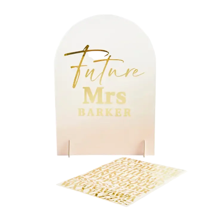 Gold and white Future Mrs sign with sticker sheet bridal shower from Parte Haus party supply store in Bethesda Maryland