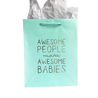 Mint green gift bag with gold Awesome People Make Awesome Babies text for baby shower from Parte Haus party supply store in Bethesda MD