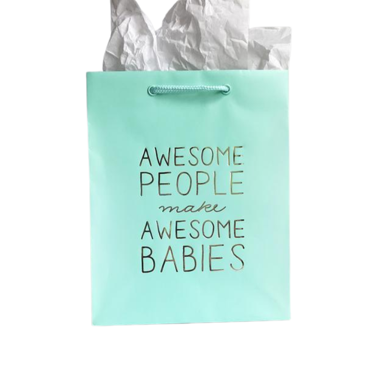 Mint green gift bag with gold Awesome People Make Awesome Babies text for baby shower from Parte Haus party supply store in Bethesda MD
