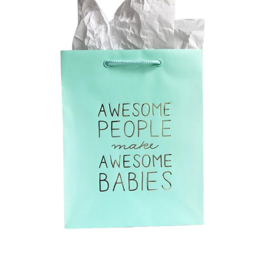 Mint green gift bag with gold Awesome People Make Awesome Babies text for baby shower from Parte Haus party supply store in Bethesda MD