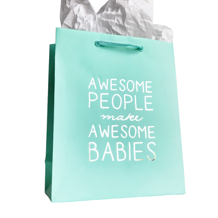 Aqua gift bag with Awesome People Make Awesome Babies for baby shower from Parte Haus party supply store in Bethesda Maryland