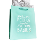 Aqua gift bag with Awesome People Make Awesome Babies for baby shower from Parte Haus party supply store in Bethesda Maryland