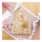 Natural wood gingerbread house tray with gingerbread cookies Christmas theme from Parte Haus party supply store in Bethesda MD