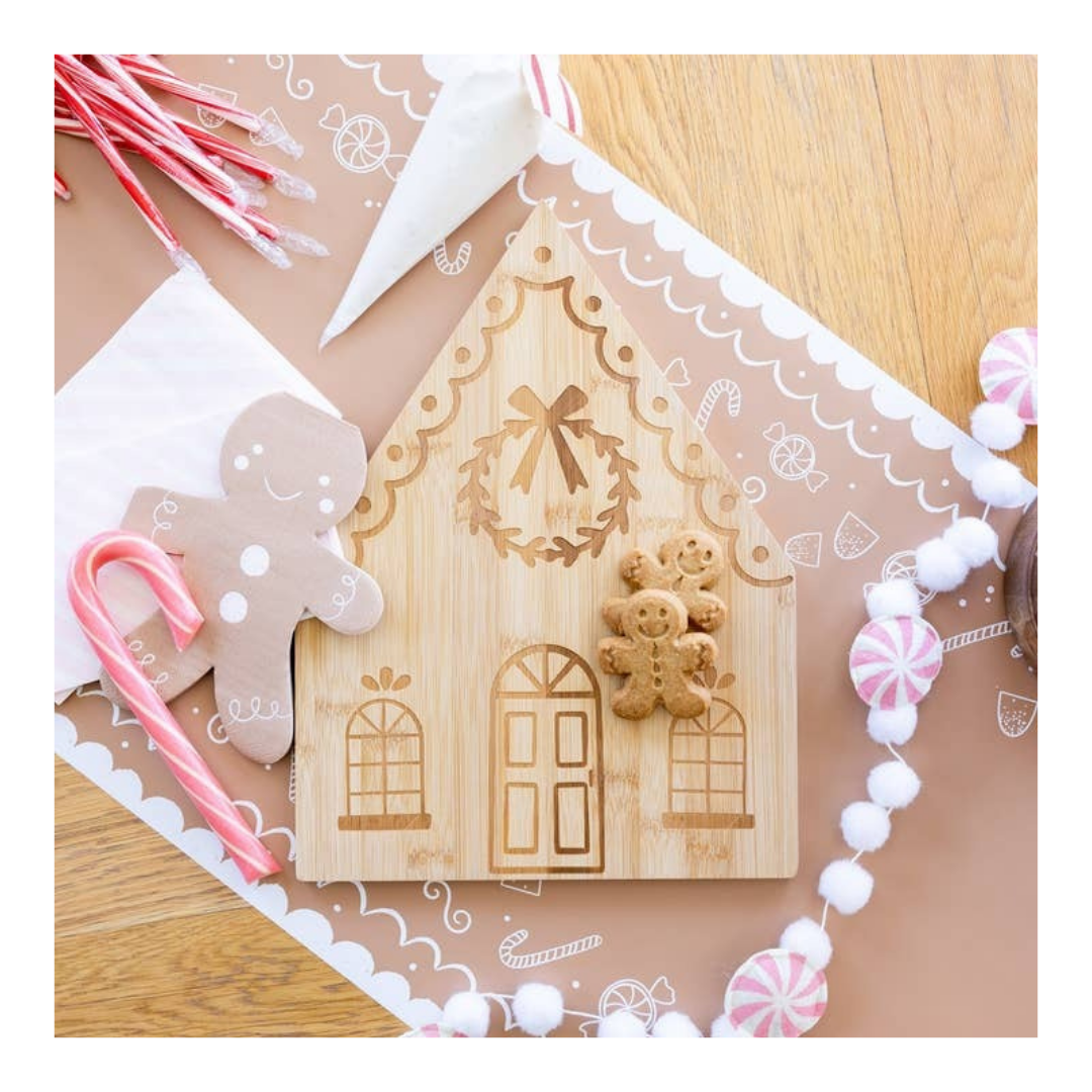 Natural wood gingerbread house tray with gingerbread cookies Christmas theme from Parte Haus party supply store in Bethesda MD