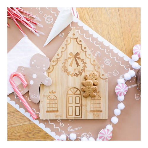 Natural wood gingerbread house tray with gingerbread cookies Christmas theme from Parte Haus party supply store in Bethesda MD