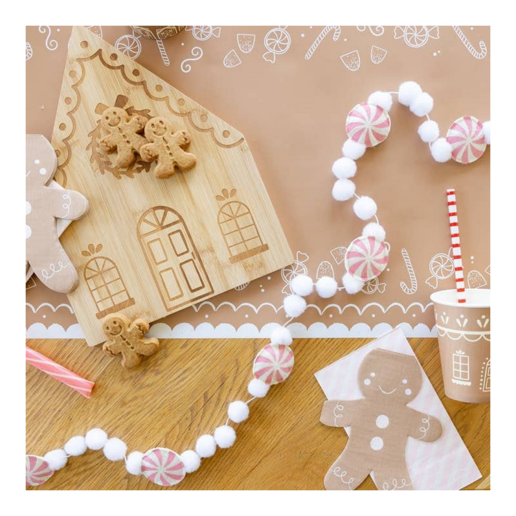 Brown gingerbread house bamboo tray with cookies Christmas decor from Parte Haus party supply store in Bethesda MD