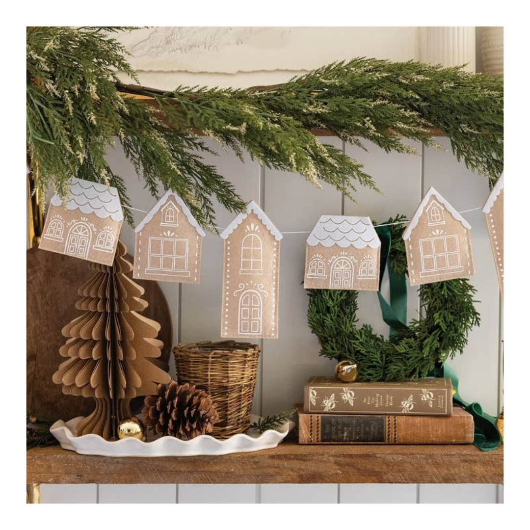 Brown gingerbread house garland holiday banner Christmas decor from Parte Haus party supply store in Bethesda Maryland