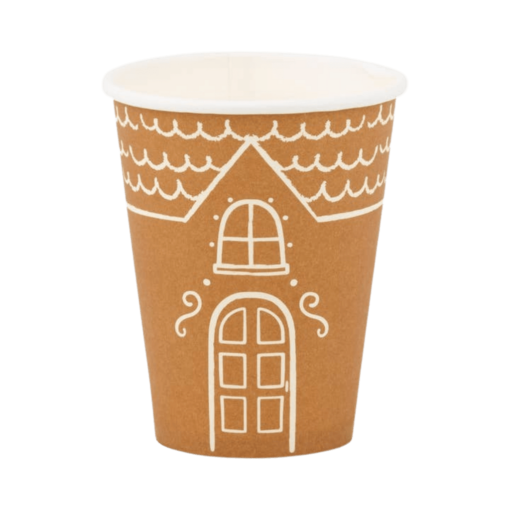 Brown paper cup with white house drawing perfect for birthday from Parte Haus party supply store in Bethesda Maryland