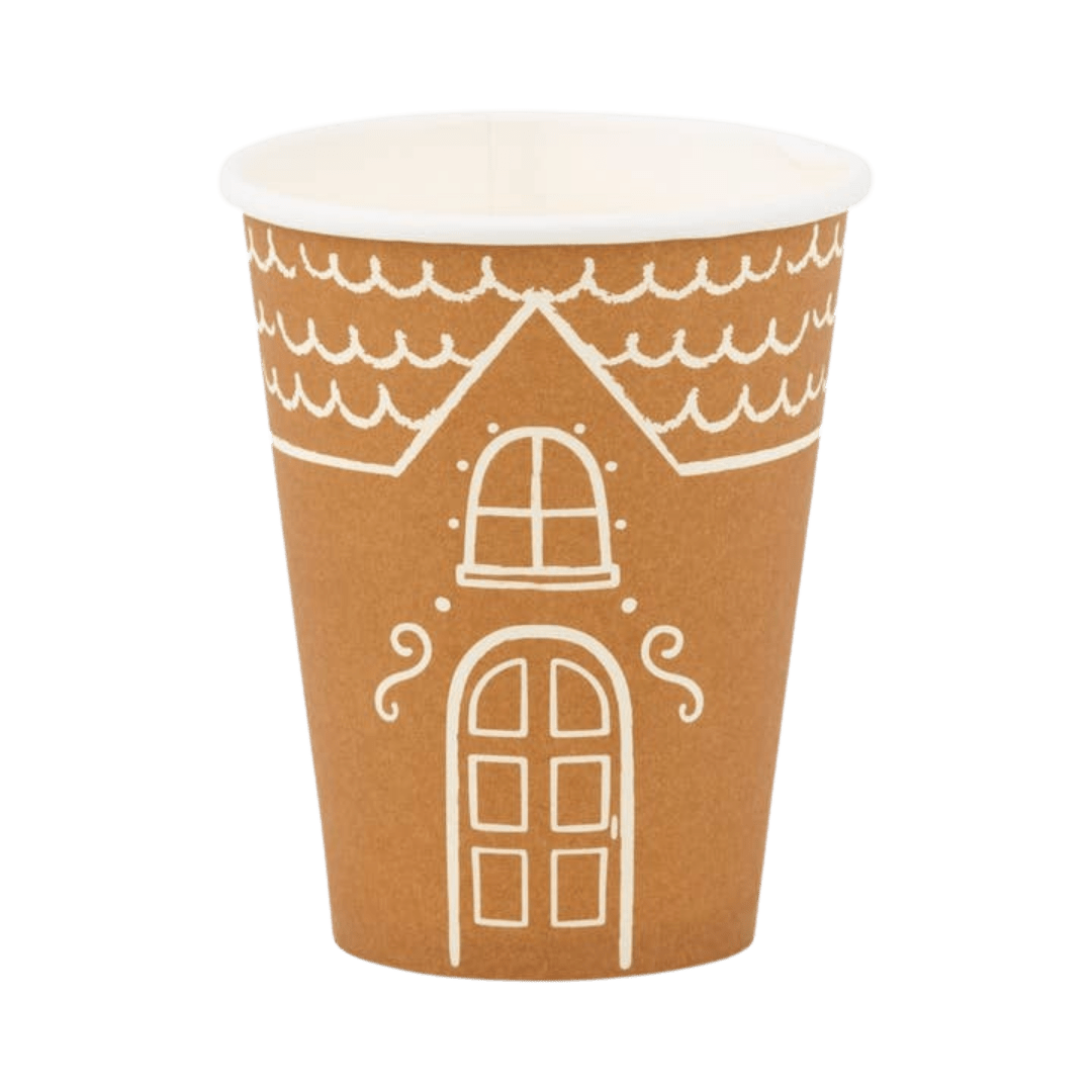 Brown paper cup with white house drawing perfect for birthday from Parte Haus party supply store in Bethesda Maryland