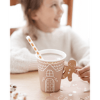 Brown gingerbread house cup with white pattern and gingerbread man holiday design from Parte Haus party supply store in Bethesda MD