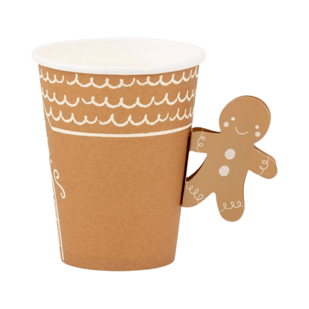 Brown gingerbread man paper cup with white icing design for Christmas from Parte Haus party supply store in Bethesda MD