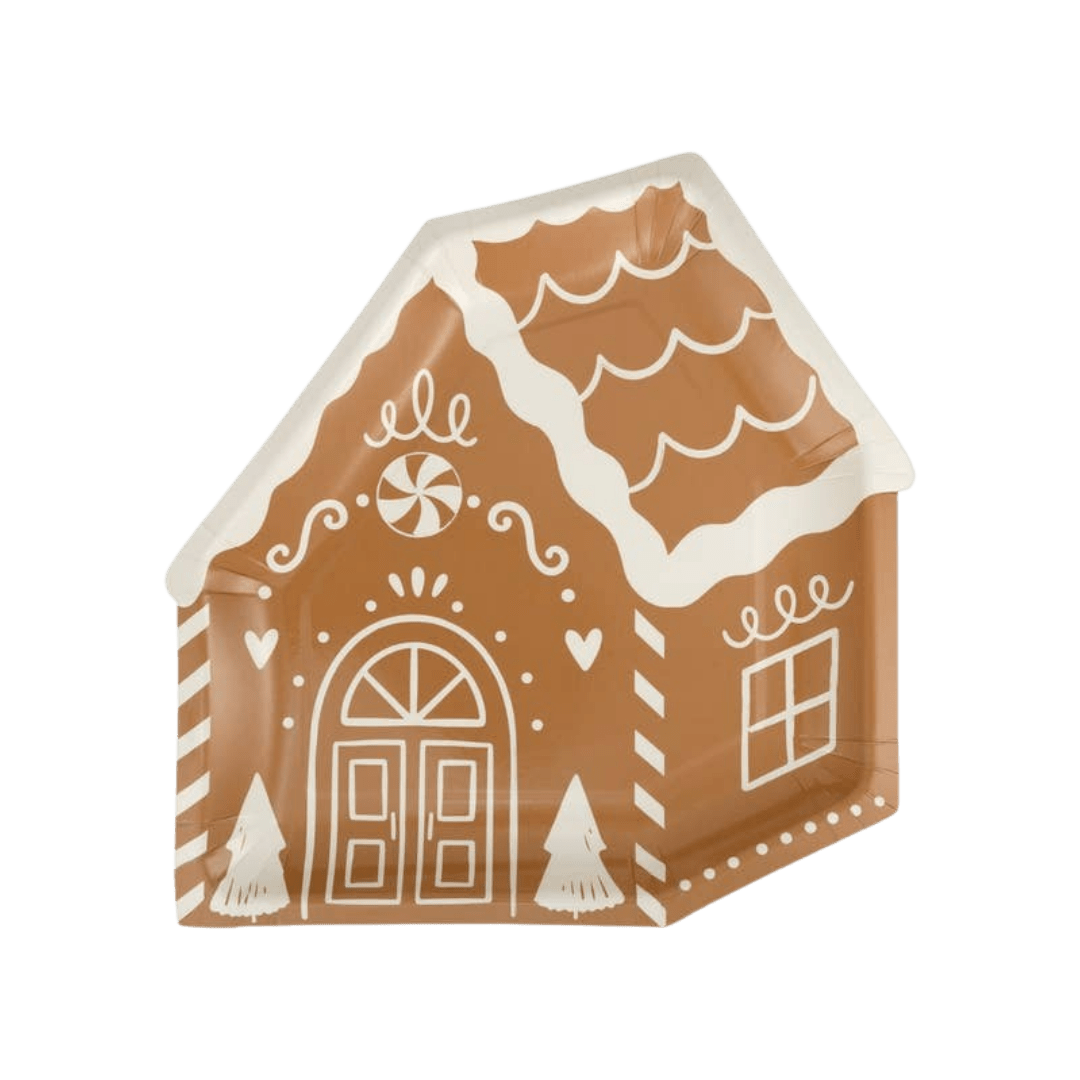 Brown gingerbread house plate with white frosting design Christmas holiday from Parte Haus party supply store in Bethesda MD