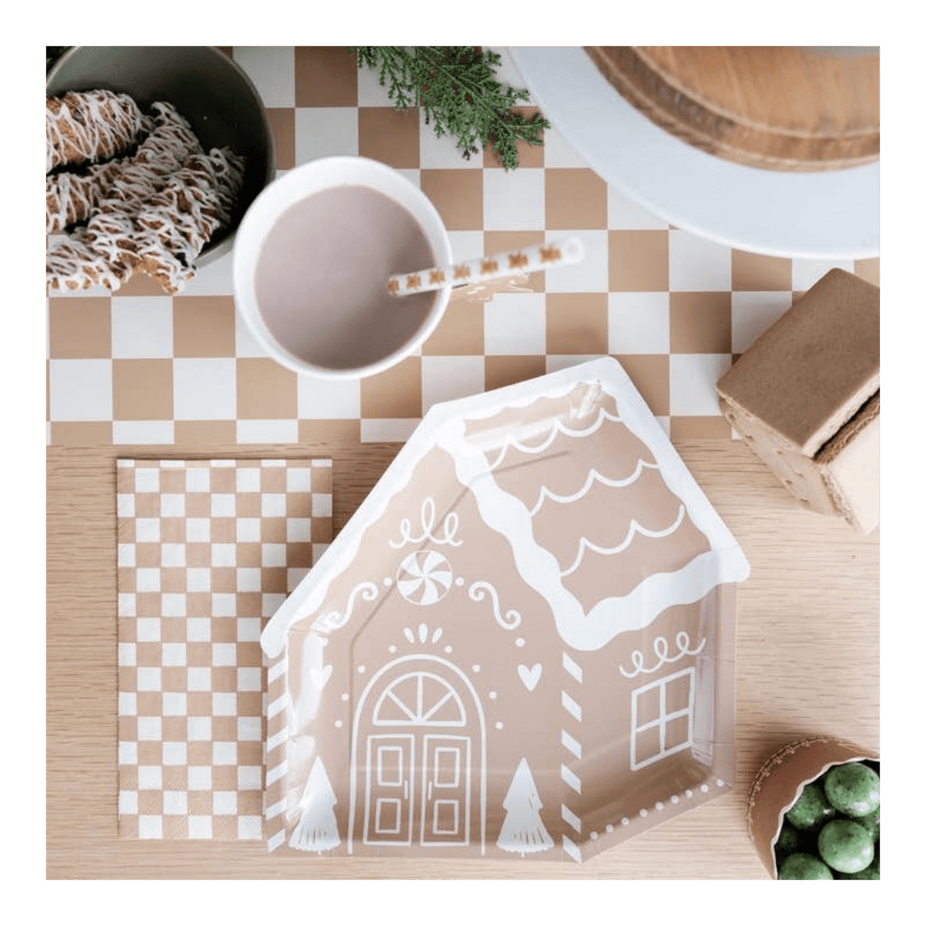 brown gingerbread house plate with white icing design Christmas from Parte Haus party supply store in Bethesda Maryland