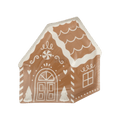 Brown gingerbread house shaped plate with white holiday design Christmas from Parte Haus party supply store in Bethesda Maryland