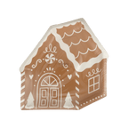Brown gingerbread house shaped plate with white holiday design Christmas from Parte Haus party supply store in Bethesda Maryland