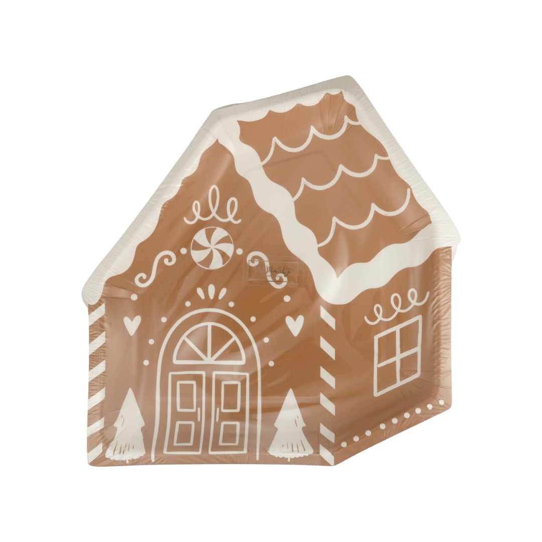 Brown gingerbread house shaped plate with white holiday design Christmas from Parte Haus party supply store in Bethesda Maryland
