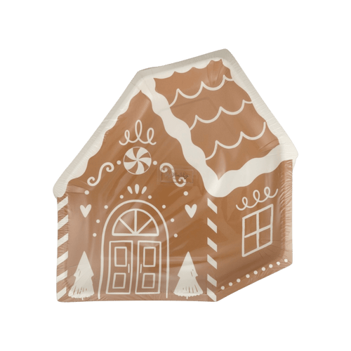Brown gingerbread house shaped plate with white holiday design Christmas from Parte Haus party supply store in Bethesda Maryland
