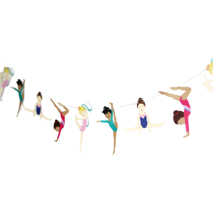 Multicolor gymnastics garland with gymnast cutouts girls birthday theme from Parte Haus party supply store in Bethesda MD
