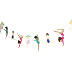 Multicolor gymnastics garland with gymnast cutouts girls birthday theme from Parte Haus party supply store in Bethesda MD