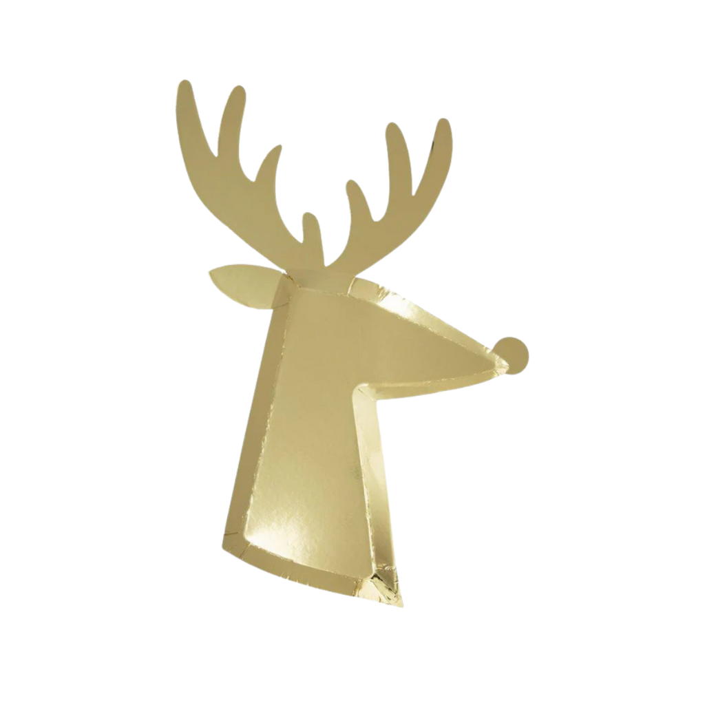 Gold reindeer shaped plate for Christmas from Parte Haus party supply store in Bethesda Maryland