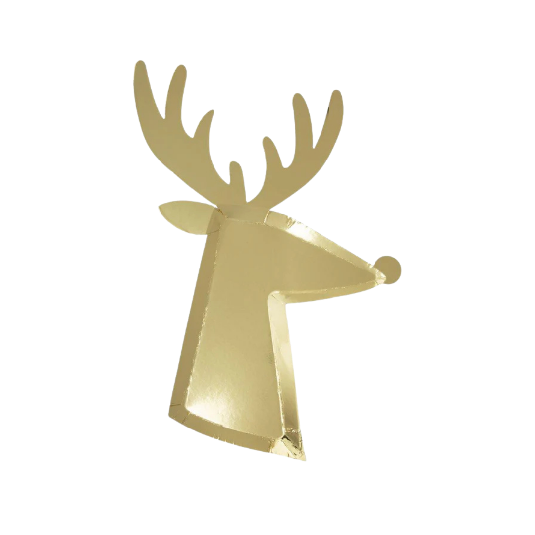 Gold reindeer shaped plate for Christmas from Parte Haus party supply store in Bethesda Maryland