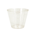 Gold glitter plastic cup with a clear festive design for celebrations from Parte Haus party supply store in Bethesda MD