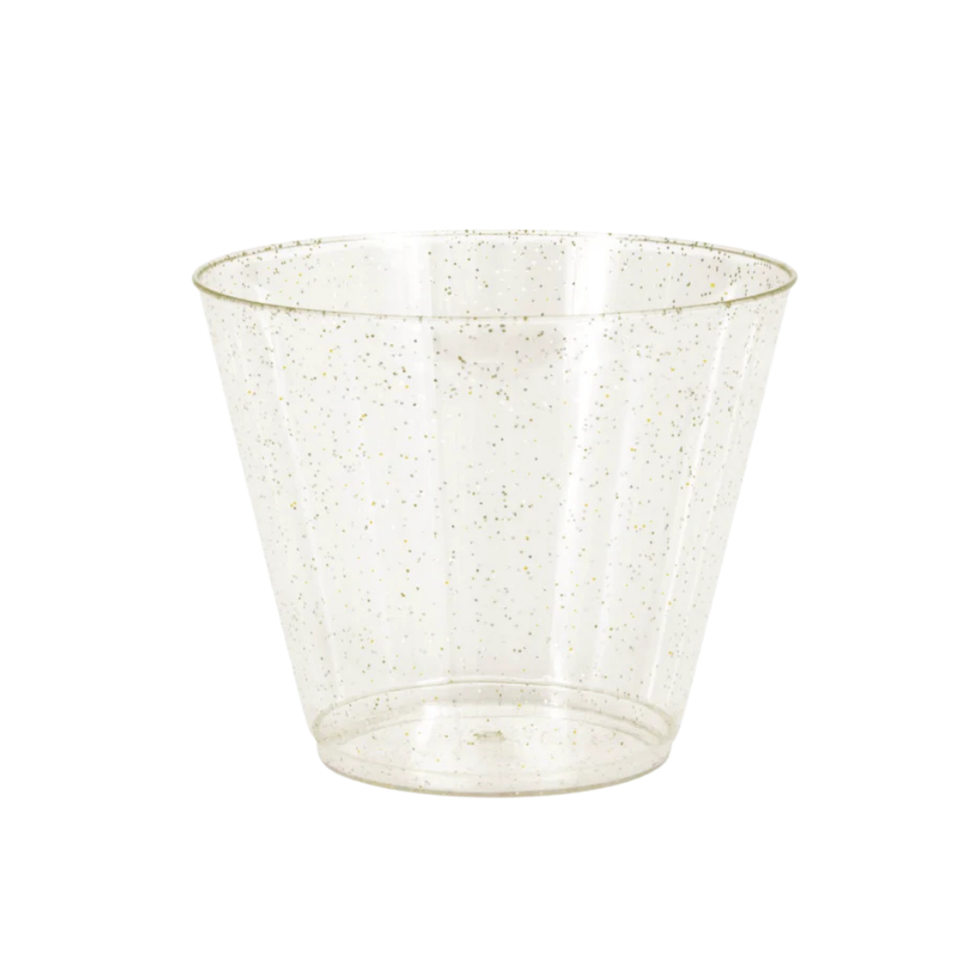 Gold glitter plastic cup with a clear festive design for celebrations from Parte Haus party supply store in Bethesda MD