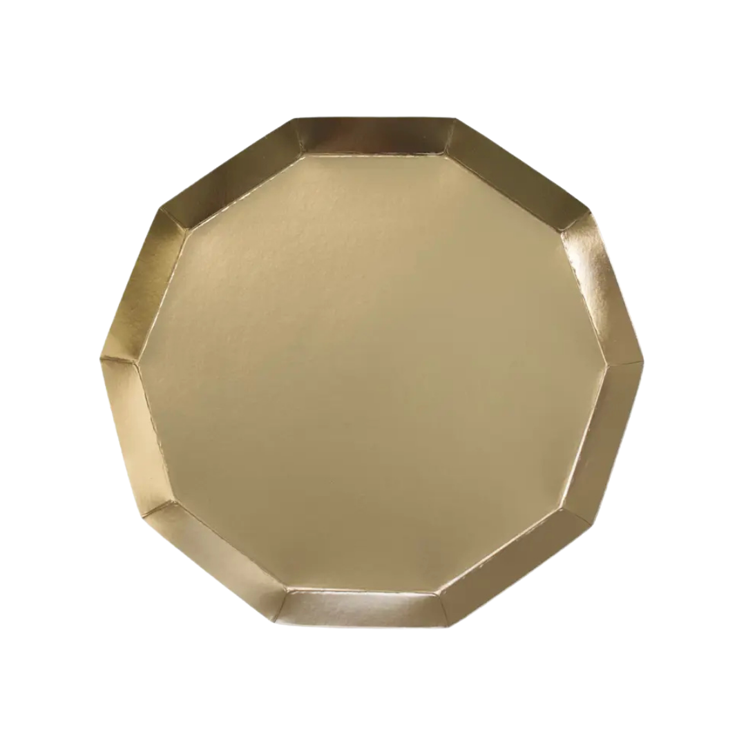 Gold dinner plate with an octagonal shape for elegant events from Parte Haus party supply store in Bethesda Maryland