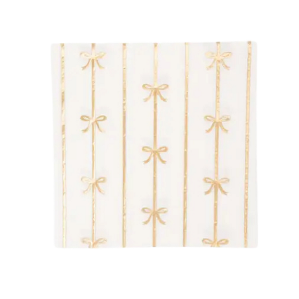 Gold and white bow small napkins with vertical bow pattern for elegant celebrations from Parte Haus party supply store in Bethesda MD