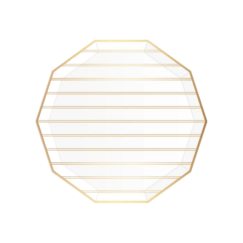 Gold white large stripe plate with octagon shape elegant modern design for celebrations from Parte Haus party supply store in Bethesda MD.