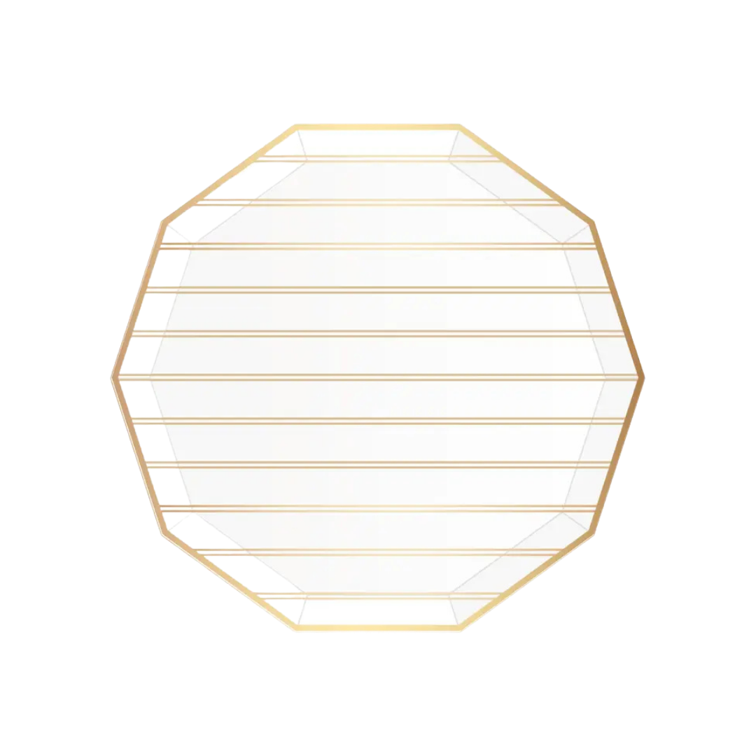 Gold white large stripe plate with octagon shape elegant modern design for celebrations from Parte Haus party supply store in Bethesda MD.