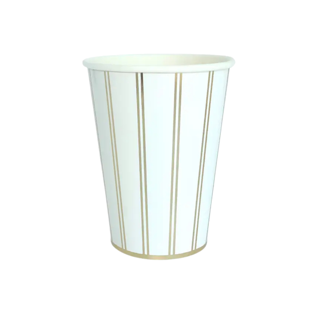 Gold and white striped paper cup elegant tableware for celebrations from Parte Haus party supply store in Bethesda MD