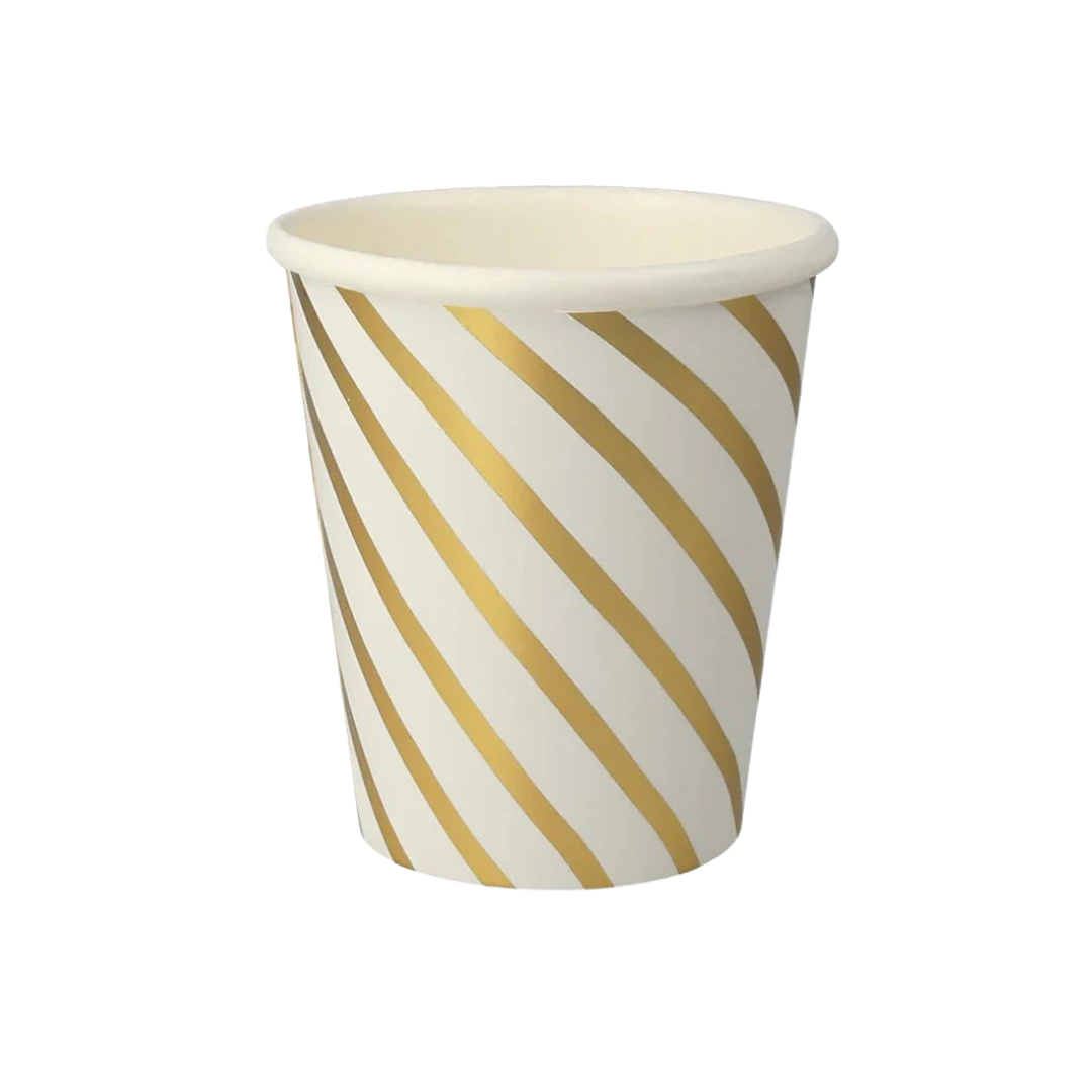 Gold and white striped cup elegant disposable for celebrations from Parte Haus party supply store in Bethesda MD