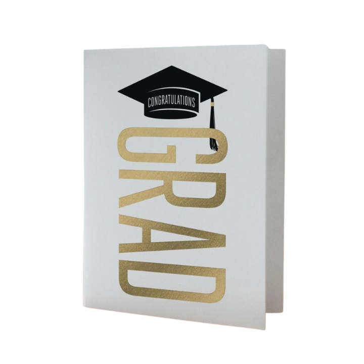 White and gold graduation card with cap design for graduation from Parte Haus party supply store in Bethesda MD