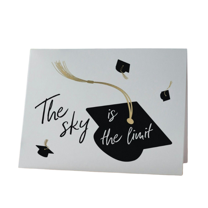 White black and gold graduation card with cap design for graduation from Parte Haus party supply store in Bethesda MD