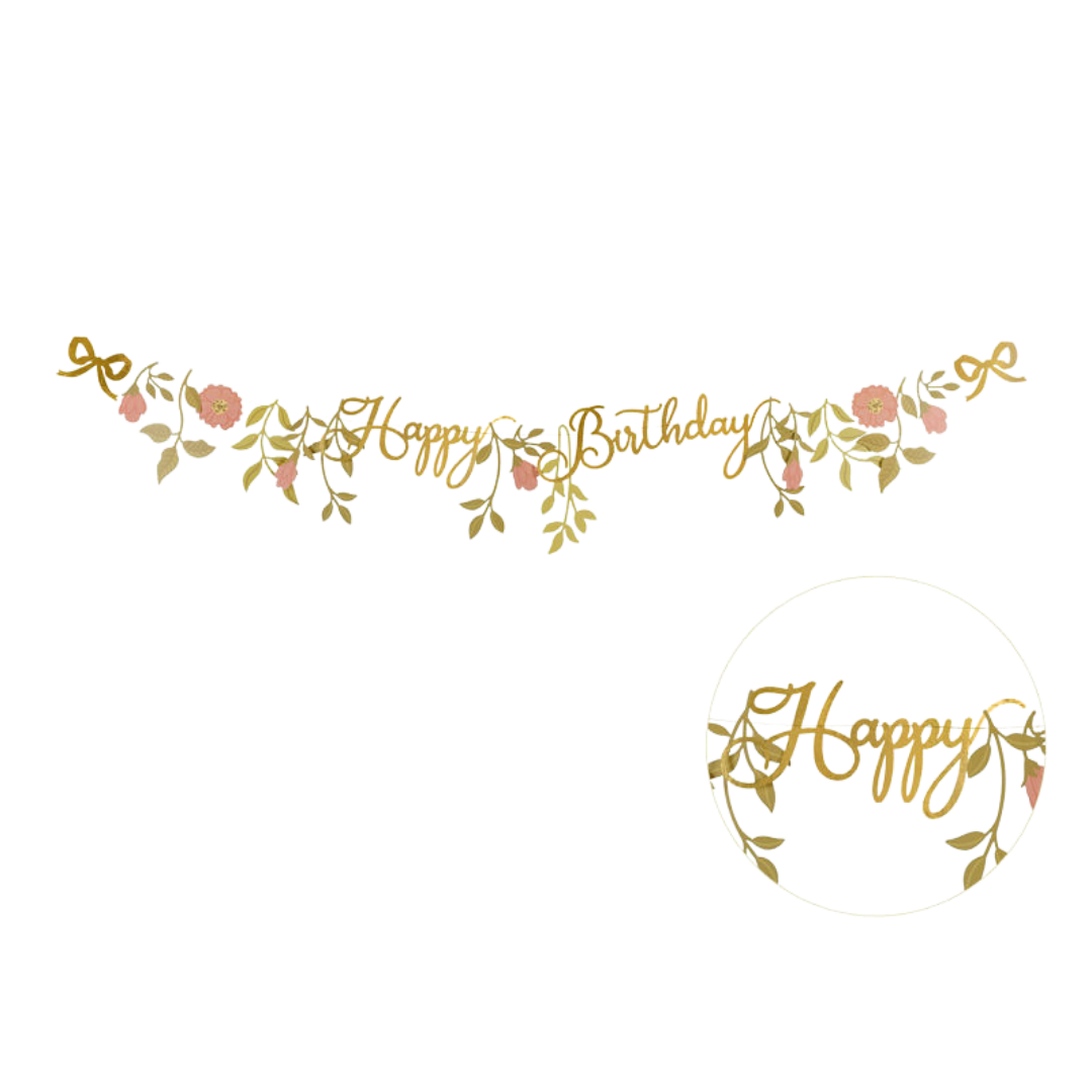 Pink and Gold Floral "Happy Birthday" Banner