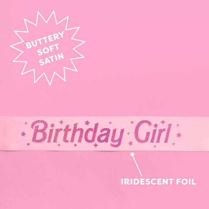 Pink Birthday Girl satin sash with iridescent foil for birthday occasion from Parte Haus party supply store in Bethesda Maryland