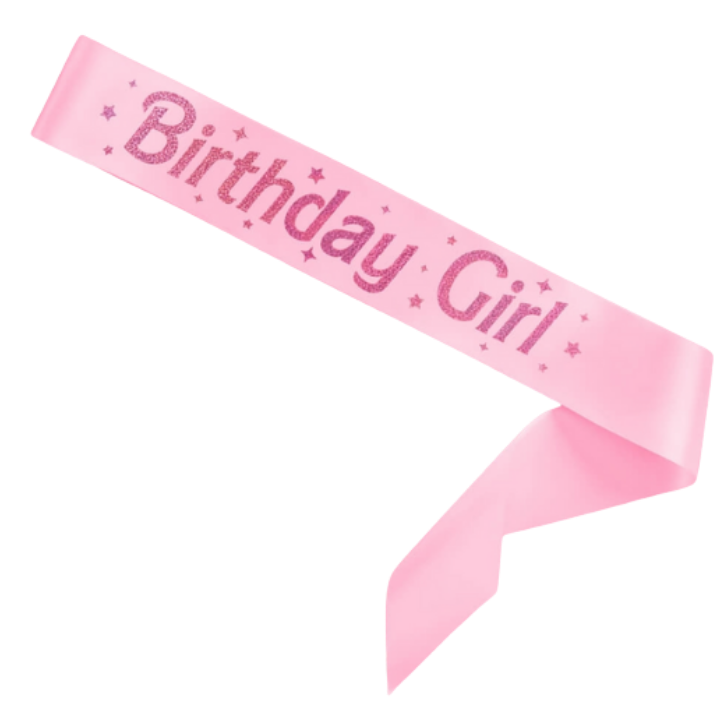 Pink birthday girl sash with glitter lettering for birthday theme from Parte Haus party supply store in Bethesda MD